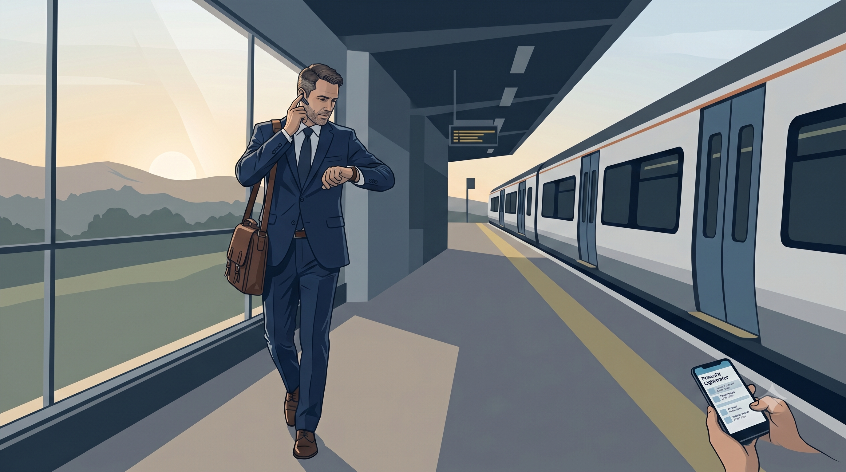 A wide landscape digital illustration in a muted corporate color palette showing a male professional in his late 40s wearing a tailored navy suit and holding a leather bag. He is walking briskly past a commuter train on a station platform at sunrise, checking his watch and wearing a Bluetooth earpiece. In the lower right foreground, a hand holds a smartphone displaying a fitness workout app titled 'PrimeFit Lightwater'. Large platform windows reveal the rolling green hills of Surrey in the distance.