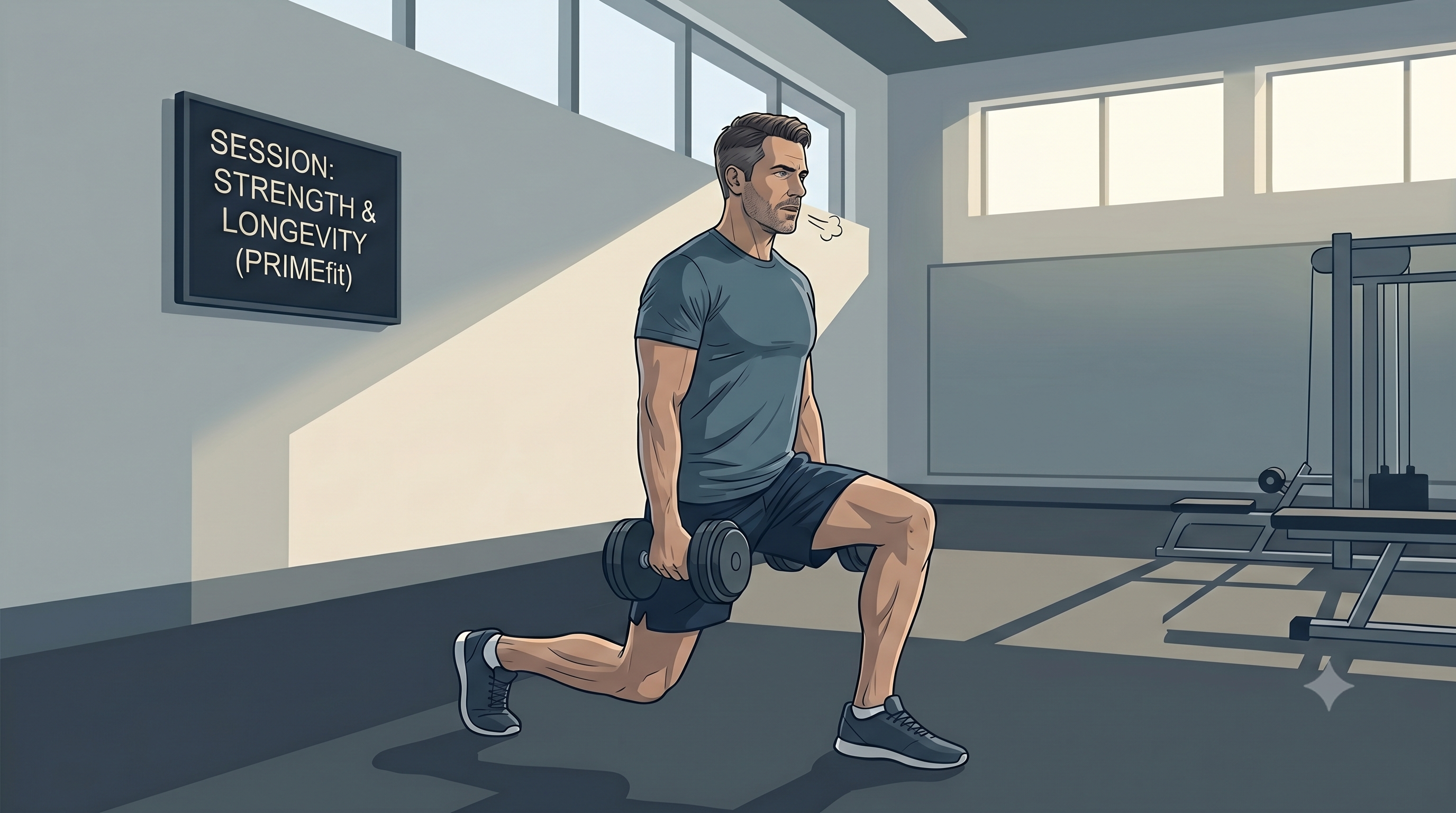 A clean, realistic landscape digital illustration of the same 48-year-old male professional inside a bright, modern gym setting at Lightwater Leisure Centre. He is dressed in grey athletic wear and dark shorts, performing a controlled dumbbell split squat with focused, deliberate technique. Natural sunlight streams through high windows, illuminating a sleek digital screen on the minimalist wall that reads 'SESSION: STRENGTH & LONGEVITY (PRIMEfit)'. The background features well-spaced weight benches and resistance equipment.