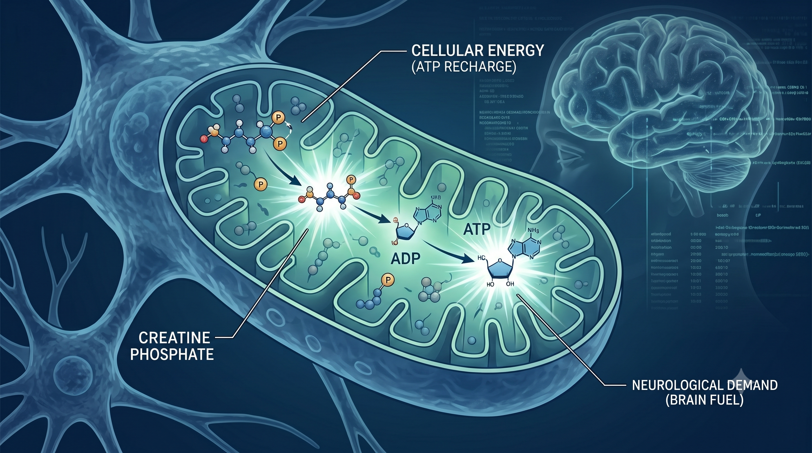 A detailed, high-tech landscape scientific diagram detailing the biochemical process of creatine in a cell, set against a deep blue and cool green data-driven background. The central focus is a cutaway of a mitochondrion inside a neuron where small molecular models representing Creatine Phosphate transfer groups to ADP, transforming it into glowing bursts of ATP energy. Thin white leader lines point to clean text labels reading 'CELLULAR ENERGY (ATP RECHARGE)' and 'NEUROLOGICAL DEMAND (BRAIN FUEL)'. In the soft-focus background, the digital silhouette of a human brain overlays complex data streams.