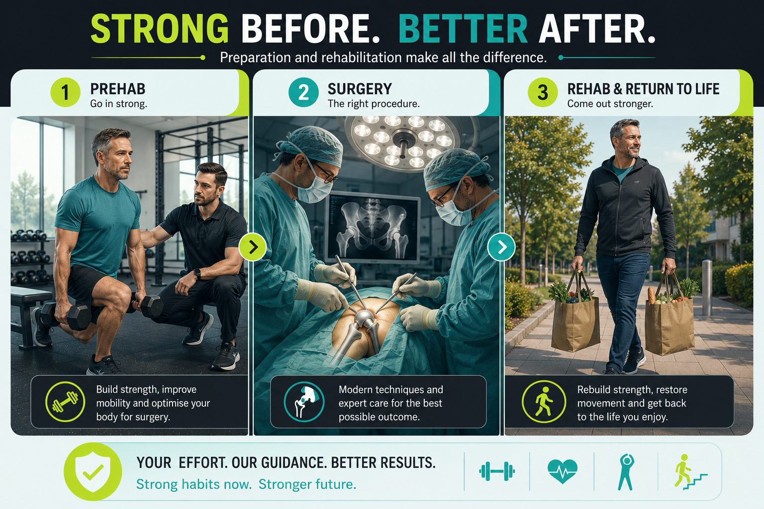 Infographic showing the three stages of hip replacement recovery: prehabilitation strength training before surgery, hip replacement surgery, and post-operative rehabilitation leading to a return to normal daily activities.
