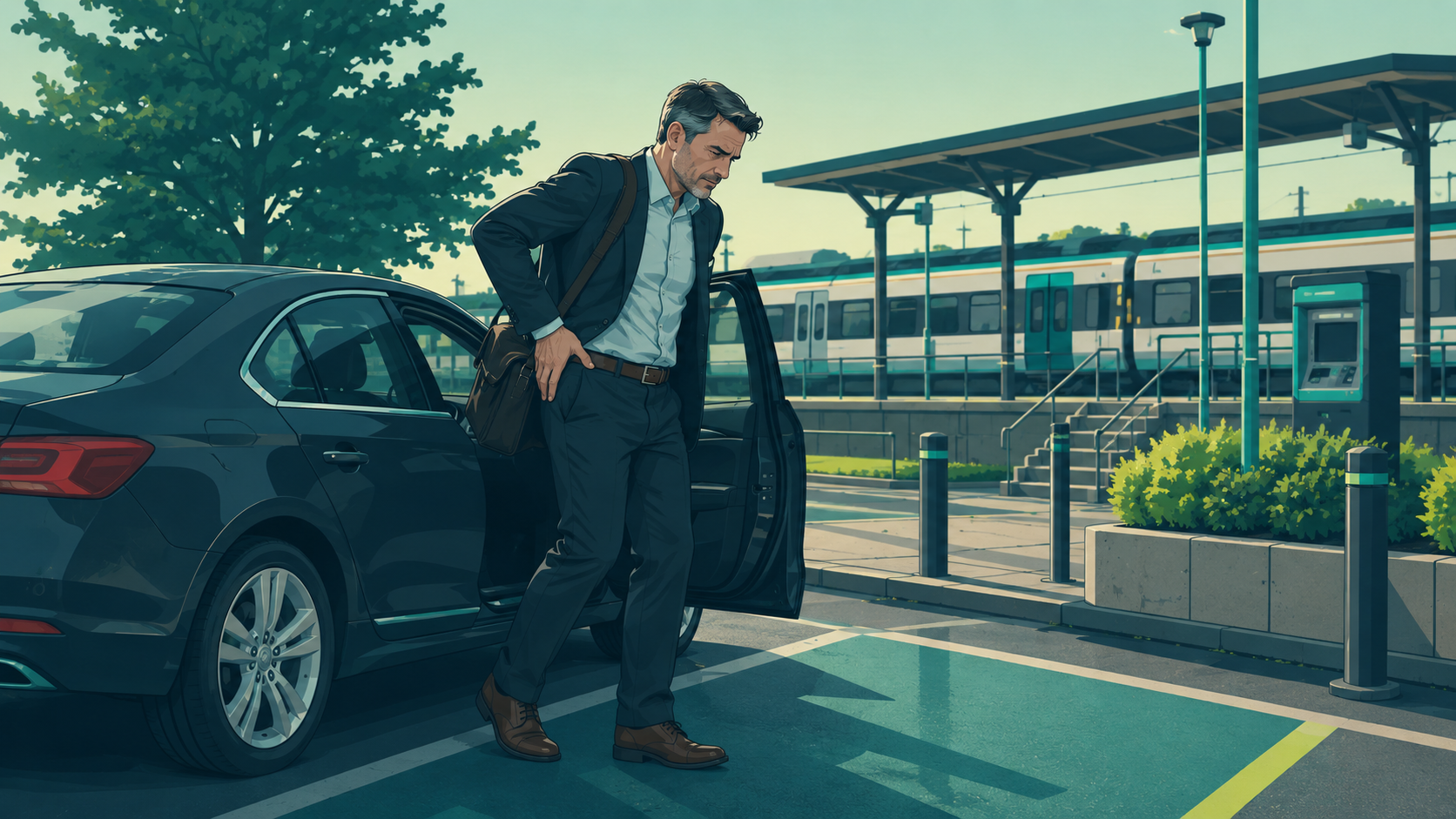 Middle-aged professional experiencing hip pain while getting out of a car at a railway station car park, illustrating the stiffness and discomfort often associated with hip osteoarthritis and age-related hip problems.