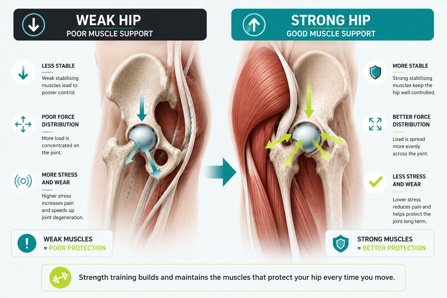 Medical infographic comparing a weak hip with poor muscle support against a strong hip with better muscle support, showing how strength training helps distribute force more evenly across the hip joint and reduce stress on surrounding structures.