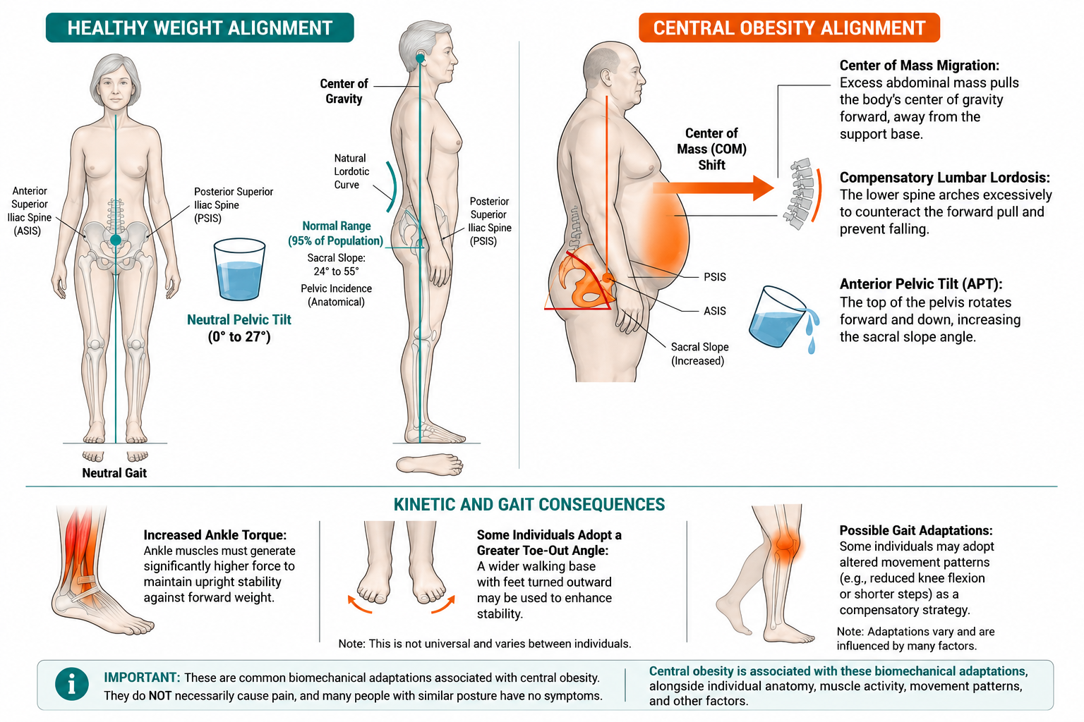 Evidence-based infographic comparing healthy weight alignment with central obesity, showing how excess abdominal fat can shift the body's centre of mass forwards, increase lumbar lordosis and anterior pelvic tilt as biomechanical adaptations. The diagram also explains possible gait changes and emphasises that these postural adaptations do not necessarily cause back pain.