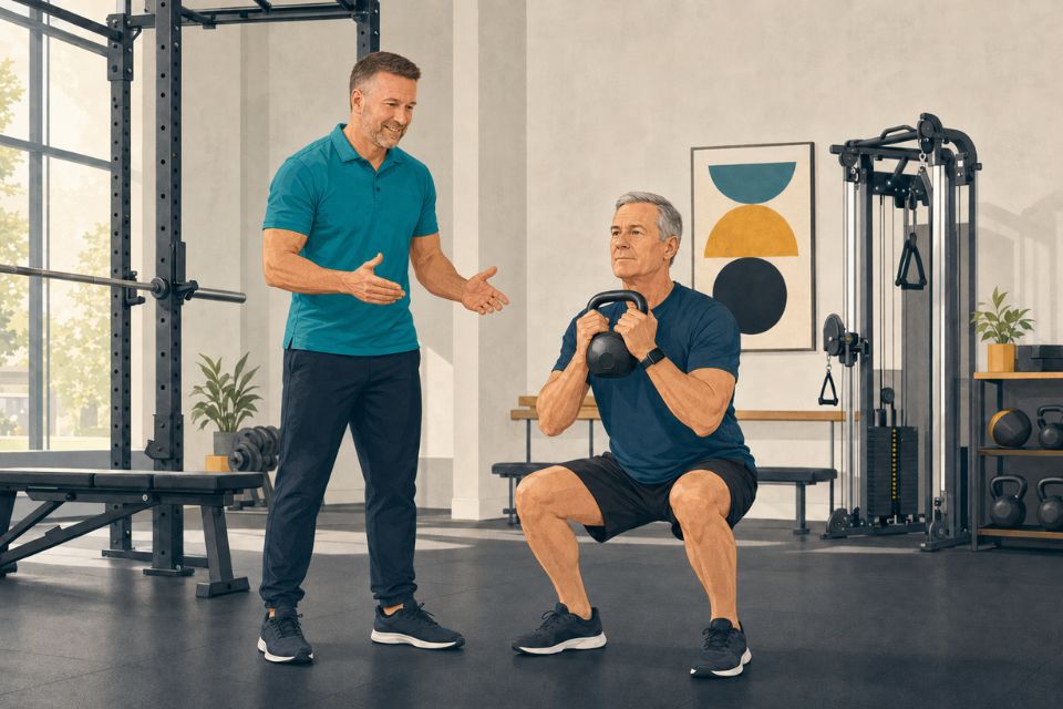 Illustration of Rob Ede coaching an older adult through a safe goblet squat