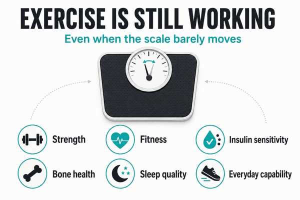 Infographic showing that exercise improves strength, fitness, insulin sensitivity, bone health, sleep quality and everyday capability even when body weight barely changes. Infographic showing that exercise improves strength, fitness, insulin sensitivity, bone health, sleep quality and everyday capability even when body weight barely changes.
