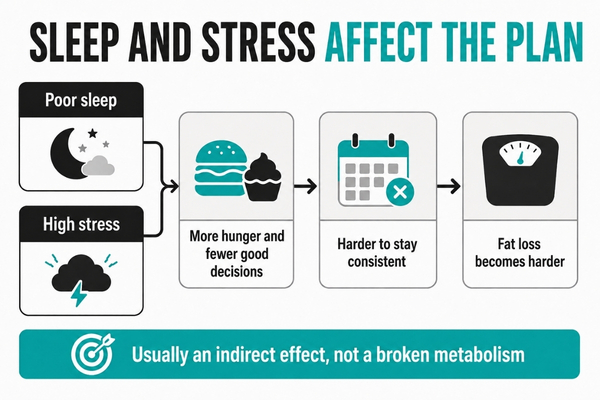 Flow chart showing how poor sleep and high stress can increase hunger, reduce good decisions and make consistency and fat loss harder, usually through behaviour rather than a broken metabolism. Flow chart showing how poor sleep and high stress can increase hunger, reduce good decisions and make consistency and fat loss harder, usually through behaviour rather than a broken metabolism.