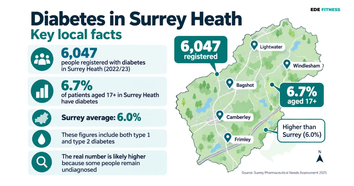 Infographic showing diabetes statistics in Surrey Heath, including Lightwater, Bagshot, Windlesham, Camberley and Frimley. In 2022/23, 6,047 people were registered with diabetes, representing 6.7% of patients aged 17 and over, compared with 6.0% across Surrey. Figures include type 1 and type 2 diabetes but exclude undiagnosed cases. Source: Surrey Pharmaceutical Needs Assessment 2025.