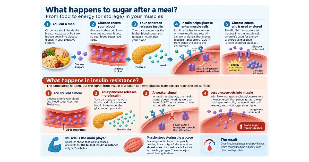 Educational diagram showing what happens to blood sugar after a meal. It explains how carbohydrates become glucose, how the pancreas releases insulin, and how insulin helps glucose enter muscle cells through GLUT4 transporters for energy or storage as glycogen. It compares this normal process with insulin resistance, where fewer transporters reach the cell surface, less glucose enters muscles, and blood sugar remains elevated.