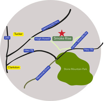 I'm not a map maker and of course you can look this up on Google, but I do like my version. It's a picture of where Smoke Rise is situated between Tucker and Stone Mountain, Georgia.
