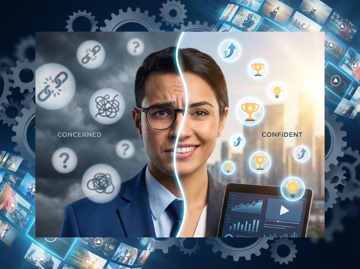 Visual metaphor showing optical marketer overcoming common obstacles to achieve video series success for eyewear brand marketing