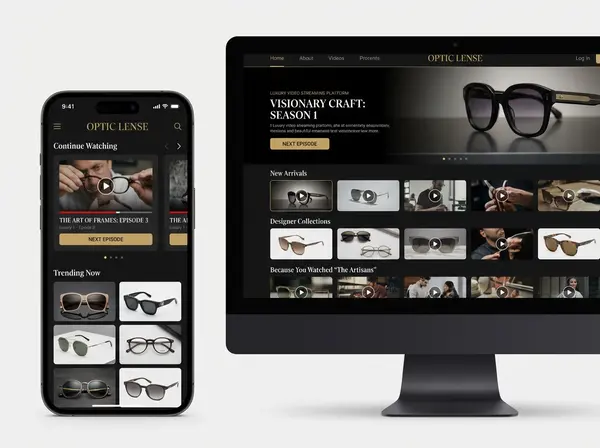 Netflix-style video series interface showing binge-worthy optical content with episode thumbnails and navigation for eyewear marketing