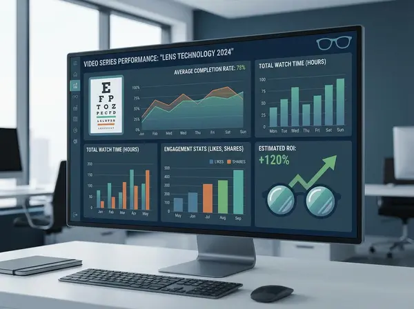 Analytics dashboard displaying key performance metrics for optical brand video series including completion rates engagement and ROI tracking