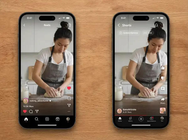 Platform-specific optimization showing same optical video content adapted for Instagram Reels and YouTube Shorts to maximize eyewear brand reach