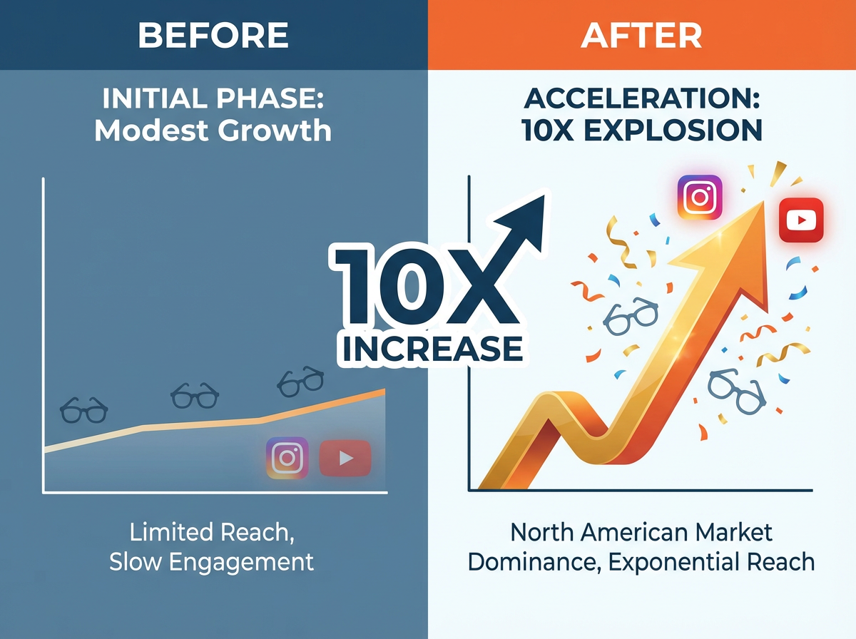 Growth graph showing 10x increase in social media engagement for optical brand using AI video series strategy across Instagram and YouTube