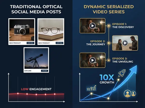 Visual comparison showing traditional optical marketing versus Netflix-style video series strategy with 10x growth metrics for eyewear brands