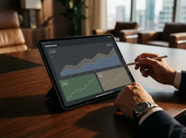 Close-up of a tablet on a desk displaying upward-trending graphs on an analytics dashboard, illustrating email marketing ROI and business growth metrics.