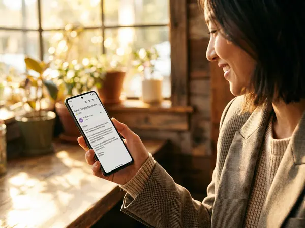 Over-the-shoulder view of a professional in a sunlit Marin cafe smiling while reading a compelling small business email on a smartphone.
