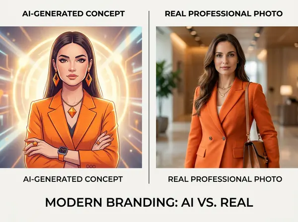 Split screen showing AI-generated brand character and real photo demonstrating consistent orange color signature across content types