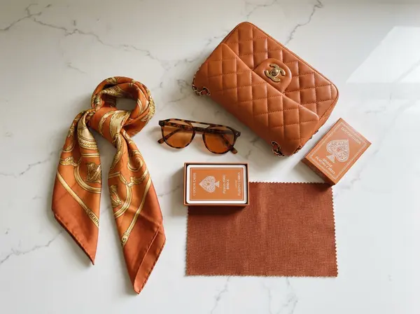 Power Orange color palette swatch #C4713B with branded accessories showing signature color consistency across props