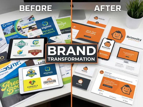 Before and after comparison showing inconsistent brand visuals versus strategic AI brand character with signature orange color system