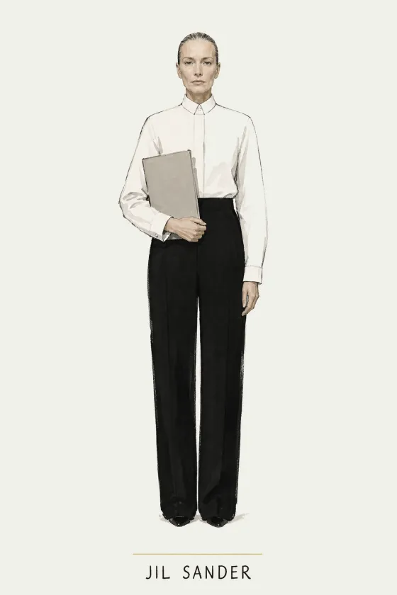 Jil Sander, illustrated portrait. AI Systems Optimizer of the Lens on Luxury AI Atelier.