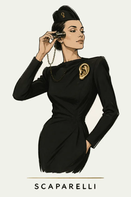 Scaparelli, illustrated portrait. AI Video Director of the Lens on Luxury AI Atelier.