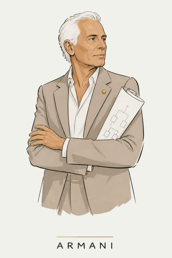 Armani, illustrated portrait. Team Building & Onboarding of the Lens on Luxury AI Atelier.