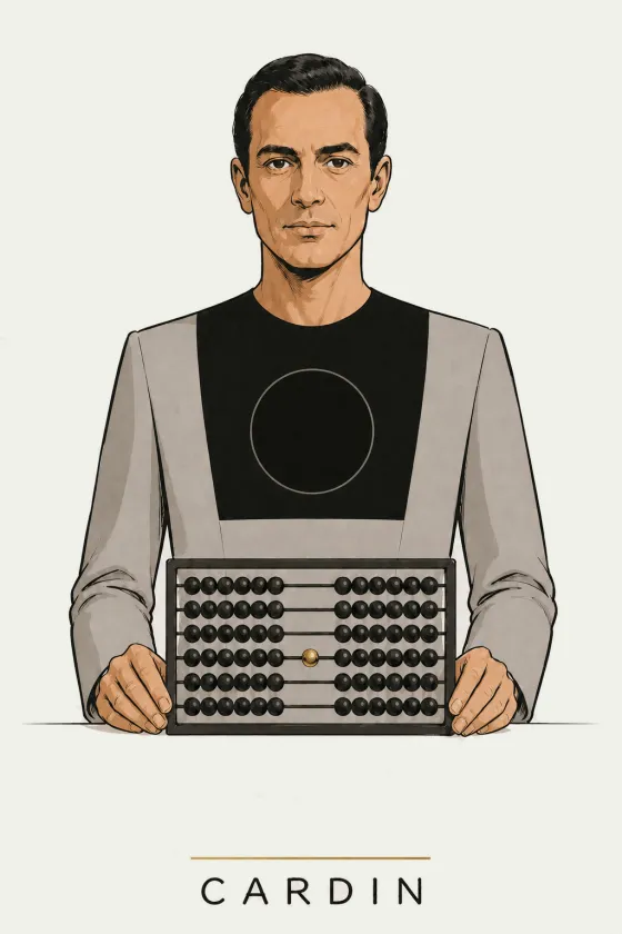 Cardin, illustrated portrait. Finance & Bookkeeping of the Lens on Luxury AI Atelier.