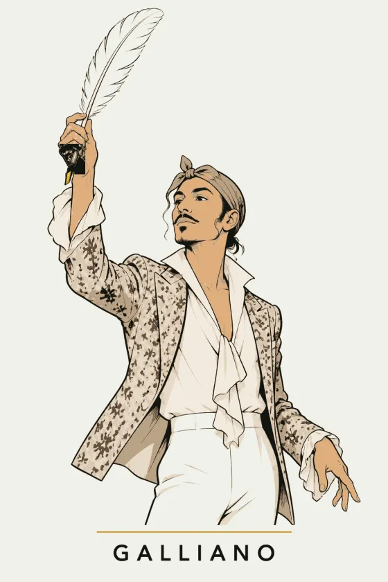Galliano, illustrated portrait. Brand & Website Copywriter of the Lens on Luxury AI Atelier.