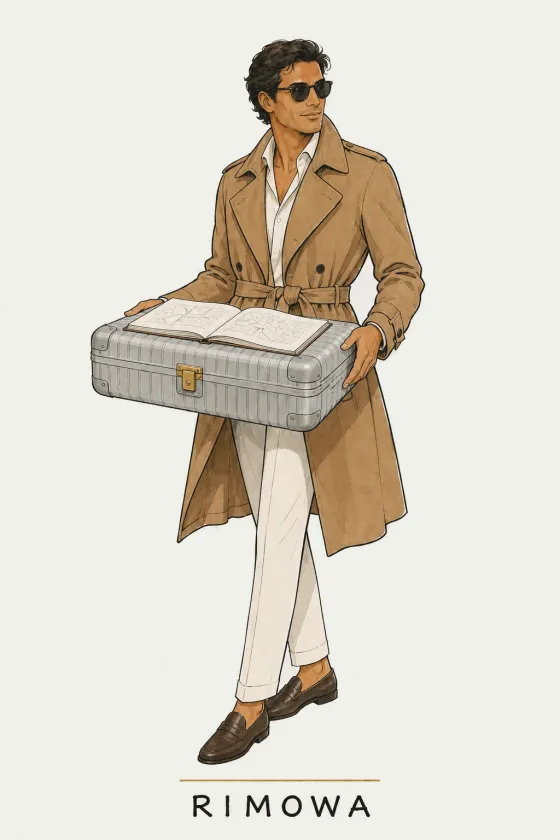 Rimowa, illustrated portrait. Founder's Travel Concierge of the Lens on Luxury AI Atelier.