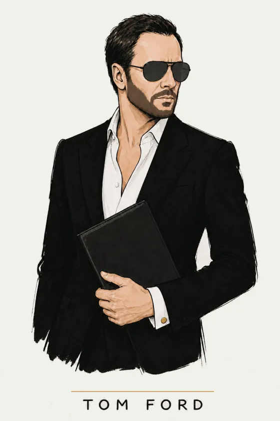 Tom Ford, illustrated portrait. New Business Intake Specialist of the Lens on Luxury AI Atelier.