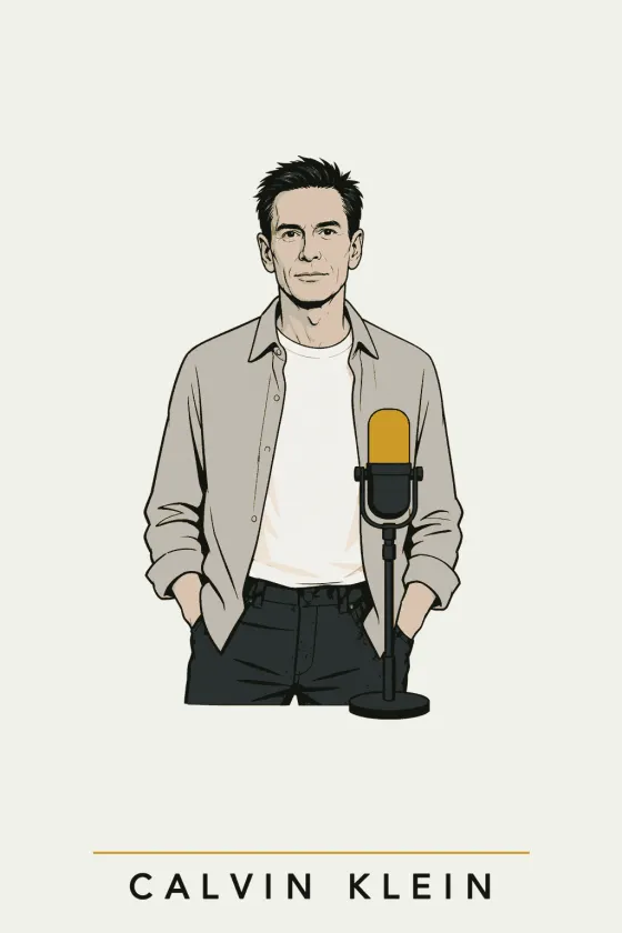 Calvin Klein, illustrated portrait. Podcast Content Producer of the Lens on Luxury AI Atelier.