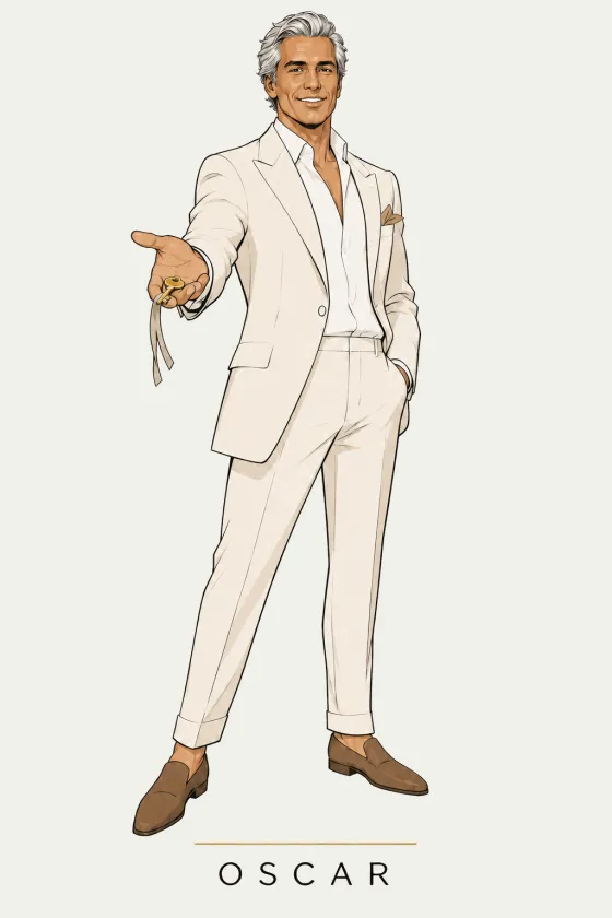 Oscar, illustrated portrait. Client Onboarding Lead of the Lens on Luxury AI Atelier.
