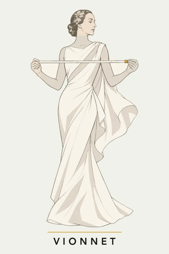 Vionnet, illustrated portrait. Copy Quality Inspector of the Lens on Luxury AI Atelier.