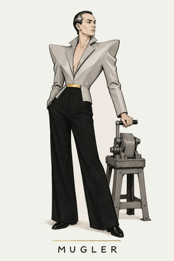 Mugler, illustrated portrait. Interactive Page Builder of the Lens on Luxury AI Atelier.