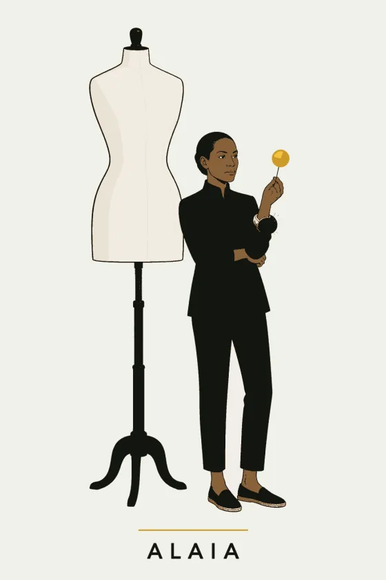 Alaïa, illustrated portrait. Design System Architect of the Lens on Luxury AI Atelier.
