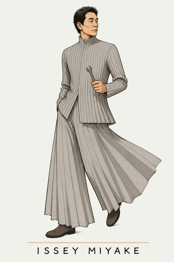 Issey Miyake, illustrated portrait. SEO Infrastructure Specialist of the Lens on Luxury AI Atelier.