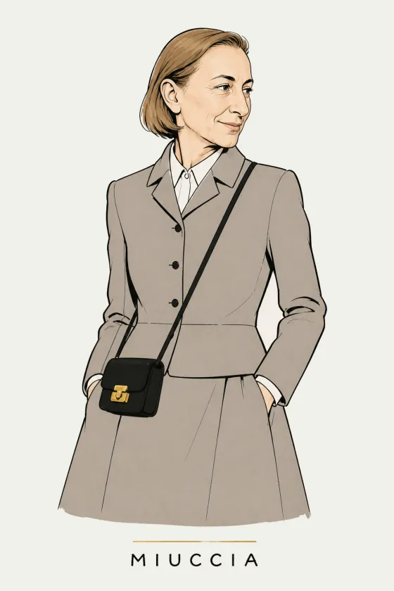 Miuccia, illustrated portrait. Instagram & Facebook Specialist of the Lens on Luxury AI Atelier.