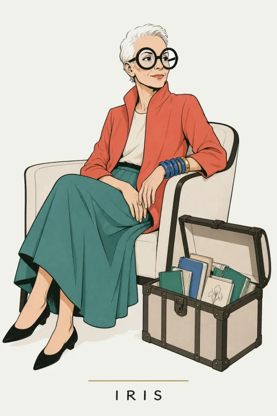 Iris, illustrated portrait. Ambition & Growth Advisor of the Lens on Luxury AI Atelier.