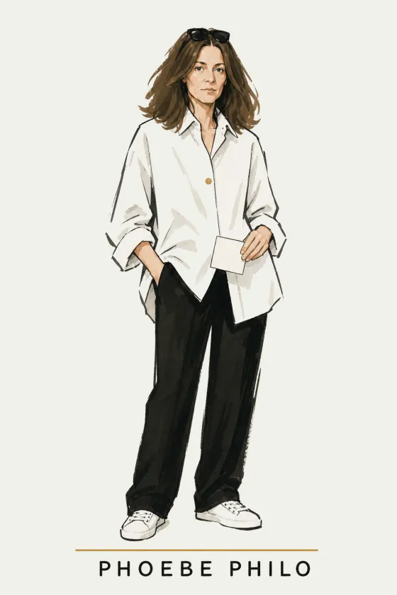 Phoebe Philo, illustrated portrait. Brand Positioning Coach of the Lens on Luxury AI Atelier.