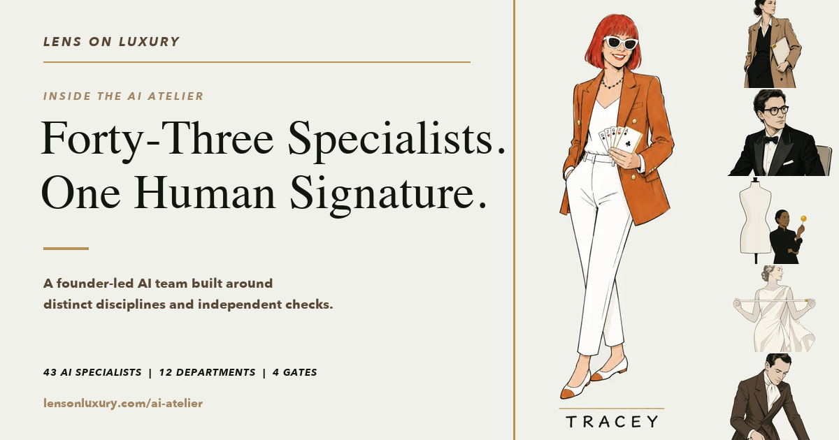 Illustrated group portrait of the Lens on Luxury AI Atelier: Tracey Bauer with the specialists in her AI marketing system. Illustrated group portrait of the Lens on Luxury AI Atelier: Tracey Bauer with the specialists in her AI marketing system.