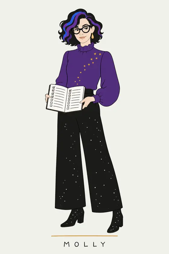 Molly, illustrated portrait. Accountability & Goal Coach of the Lens on Luxury AI Atelier.