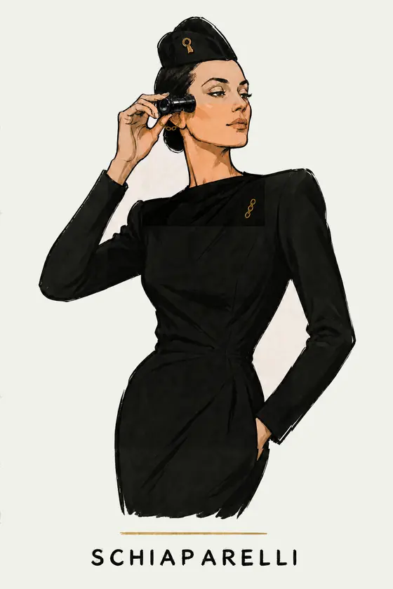 Schiaparelli, illustrated portrait. AI Video Director of the Lens on Luxury AI Atelier.