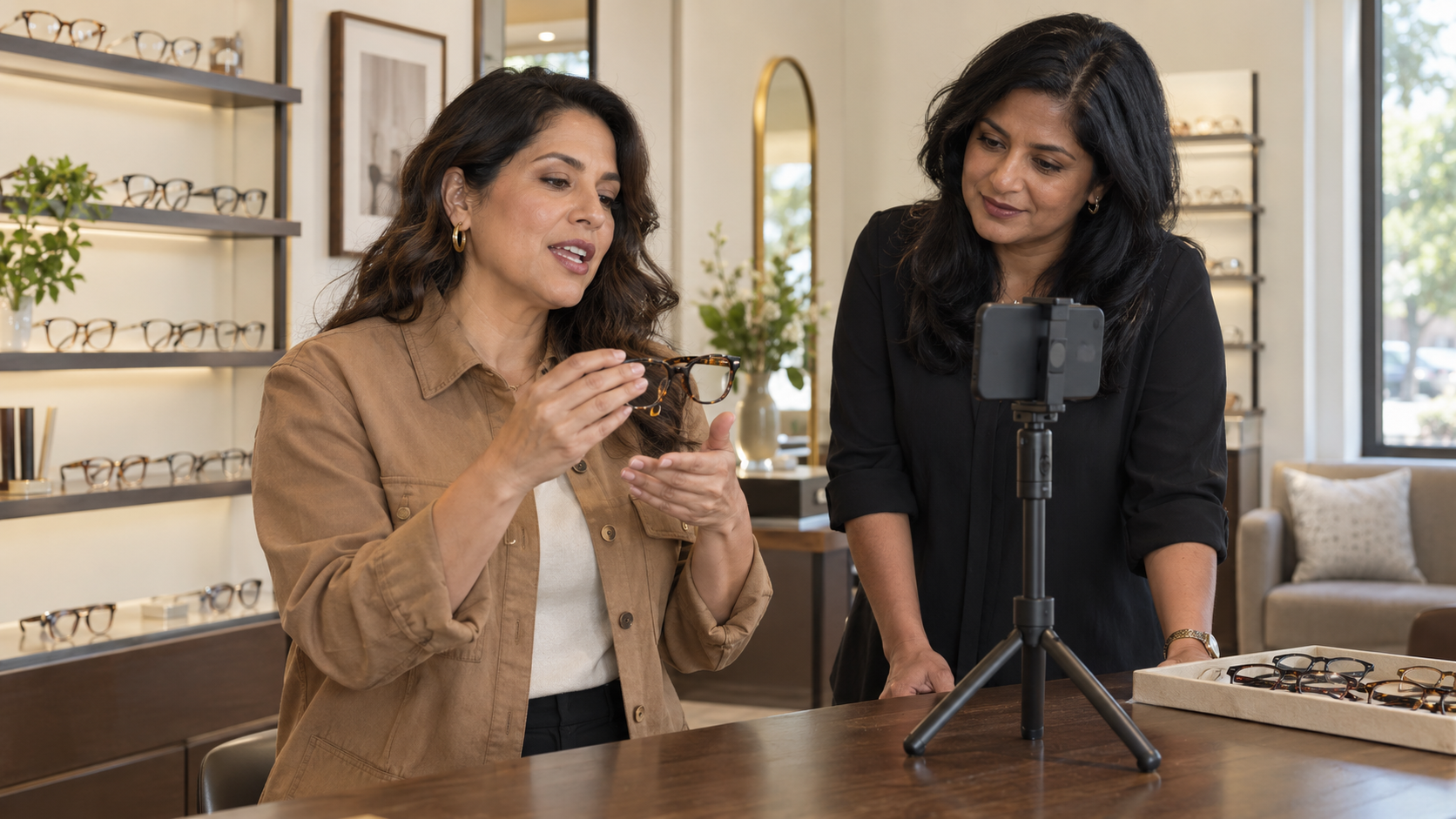 AI-generated illustration of an optical boutique owner explaining eyeglass fit while a colleague helps record on a phone. AI-generated illustration of an optical boutique owner explaining eyeglass fit while a colleague helps record on a phone.