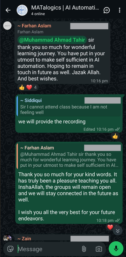 WhatsApp group message from student Farhan Aslam thanking the instructor