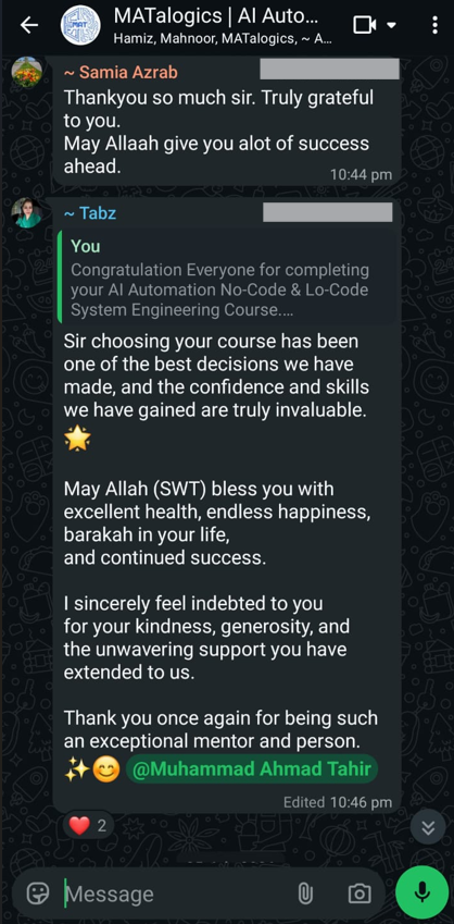 WhatsApp group chat with MATalogics students sharing their results