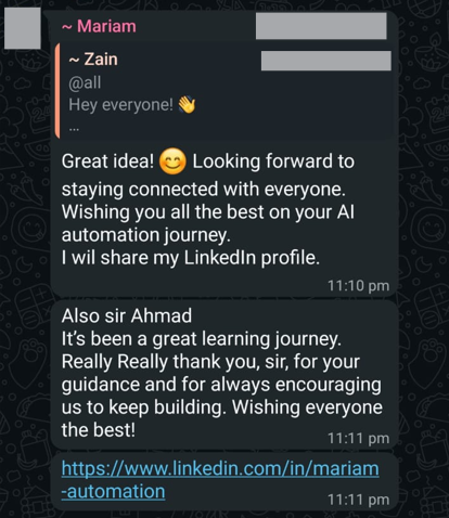 WhatsApp message from a MATalogics student thanking the instructor
