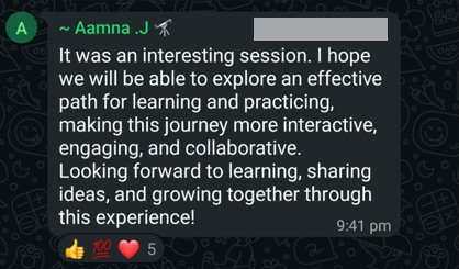 WhatsApp group messages from MATalogics students after a live session