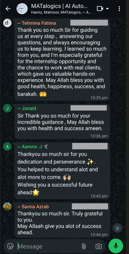 WhatsApp group messages thanking the MATalogics instructor