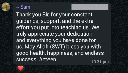 WhatsApp message from a MATalogics student sharing their progress
